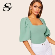 Sheinside, элегантный, эластичный, с пышными рукавами, Одноцветный Топ, для женщин,, лето, половина рукава, базовая отделка, футболка, для девушек, на каждый день, квадратный вырез, топы