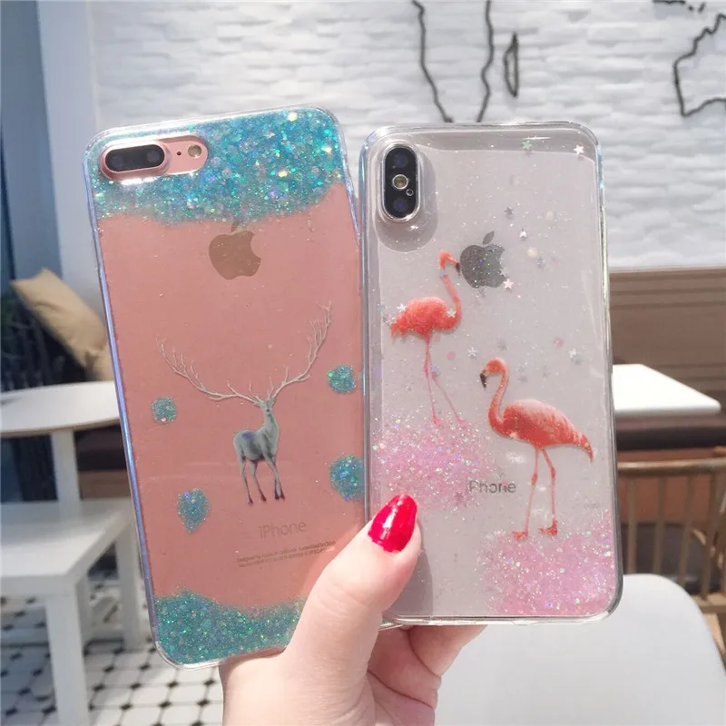 

For iPhone 6 7 8 Plus X XS MAX For Samsung S9 S8 S7 edge Note 8 9 Cover Cute bling Glitter Flamingo deer Transparent phone case