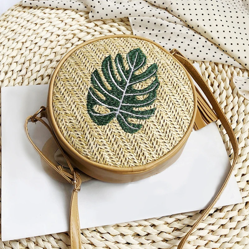 

EaseHut Round Straw Bag for Women Leaves Pineapple Embroidered Summer Handmade Shoulder Bag Beach Circle Bohemian Crossbody Bag
