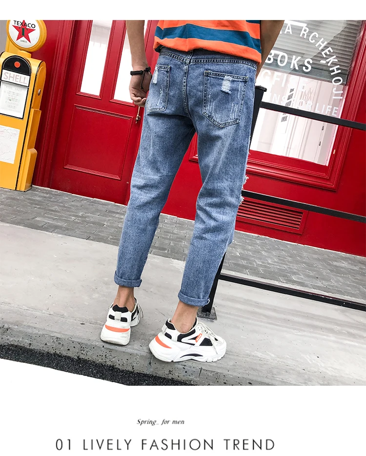 Летние новые джинсы мужские модные вымытые прямые трубки повседневные Рваные дыры джинсовые брюки мужские уличные хип хоп свободные