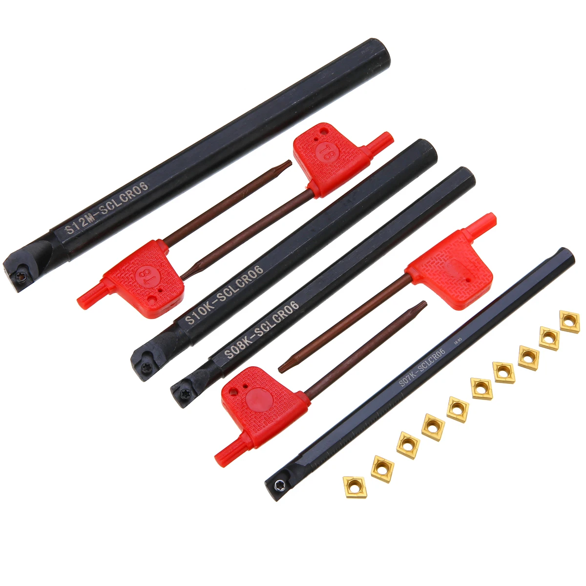 

10pcs CCMT060204 Inserts + 4pcs SCLCR06 Lathe Turning Tool Boring Bar 7/8/10/12mm with 4pcs Wrenches