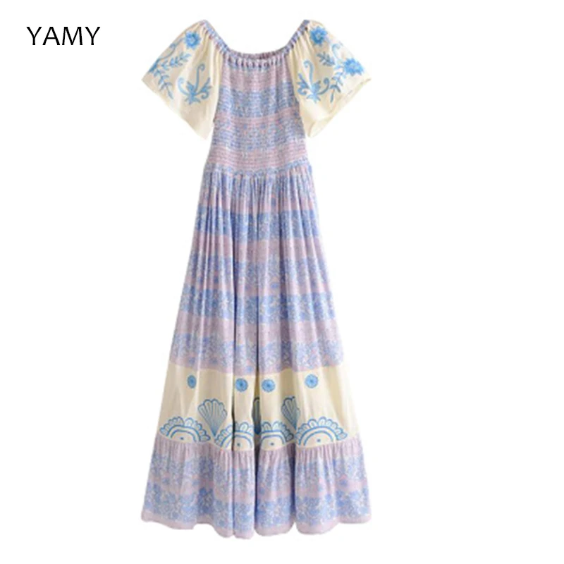 

2019 Summer New Womens Maxi Beach Dress Embroidery Off Shoulder Floral Dress Short Sleeve High Waist Vintage Dress Vestidos