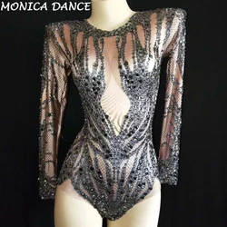 Sexy Sparkly Black Crystals Nude Bodysuit Performance Outfit Party Celebrate Glisten Rhinestones Stretch Leotard Stage Bodysuit
