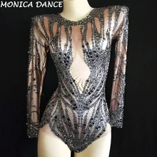 Seksi Sparkly Siyah Kristaller Çıplak Bodysuit Performans Kıyafet Parti Kutlamak Glisten Rhinestones Streç Leotard Sahne Bodysuit