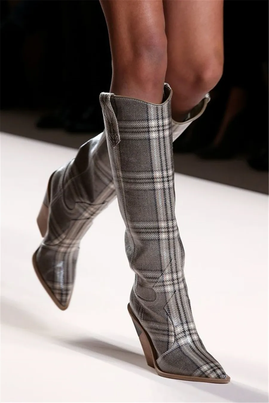 Mcacchi/Новинка года; модные ботинки для подиума с тиснением в клетку; женские сапоги до колена с острым носком на необычном высоком каблуке; женские ботинки «Челси» - Цвет: long boots