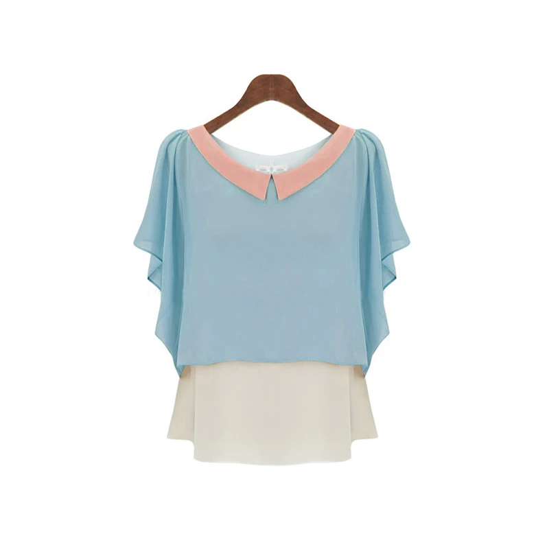 2019 New Summer Women Tops Casual Loose O-neck Patchwork Short Sleeve Chiffon Top Womens Flying Sleeve Irregular Blouse Shirts