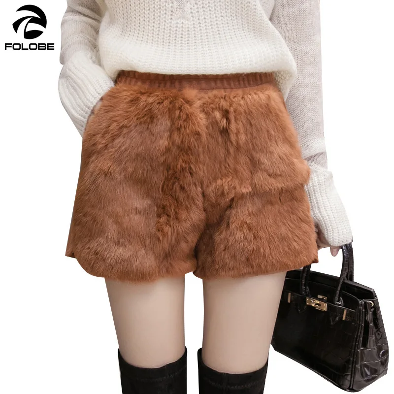 FOLOBE осень зима искусственный мех широкие брюки шорты с высокой талией короткие брюки женские модные теплые шорты с эластичной талией