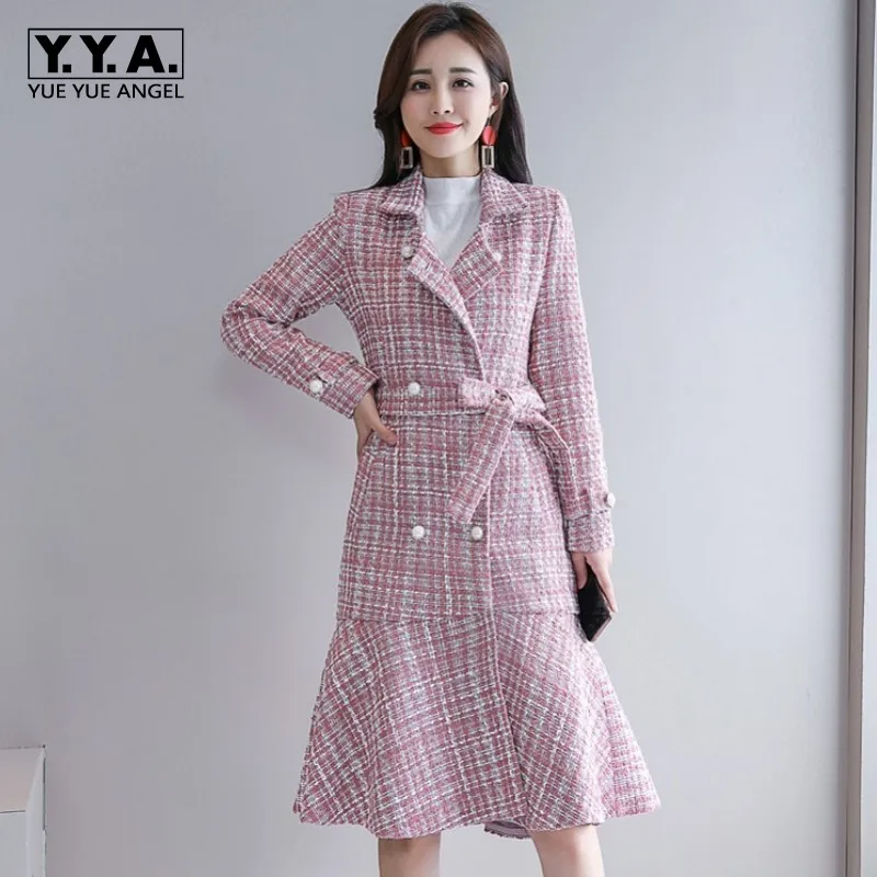 

2019 New Autumn Winter Womens Long Coat Korean Slim Fit Belt Outerwear Female Fashion Plaid Double Breasted Ruffle Coat S-XL