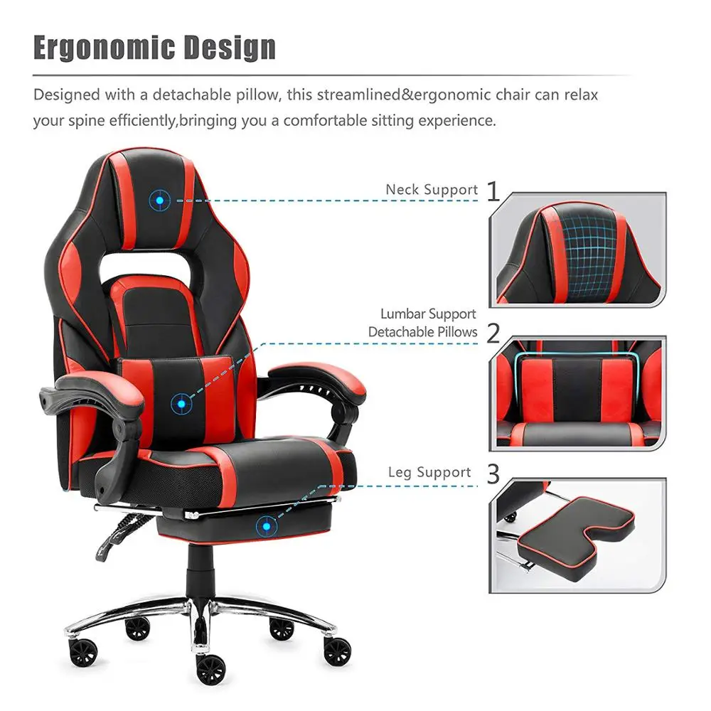  Leather Office Gaming Chair Racing Gaming Chair with Footrest and Lumbar Cushion Reclining Working 