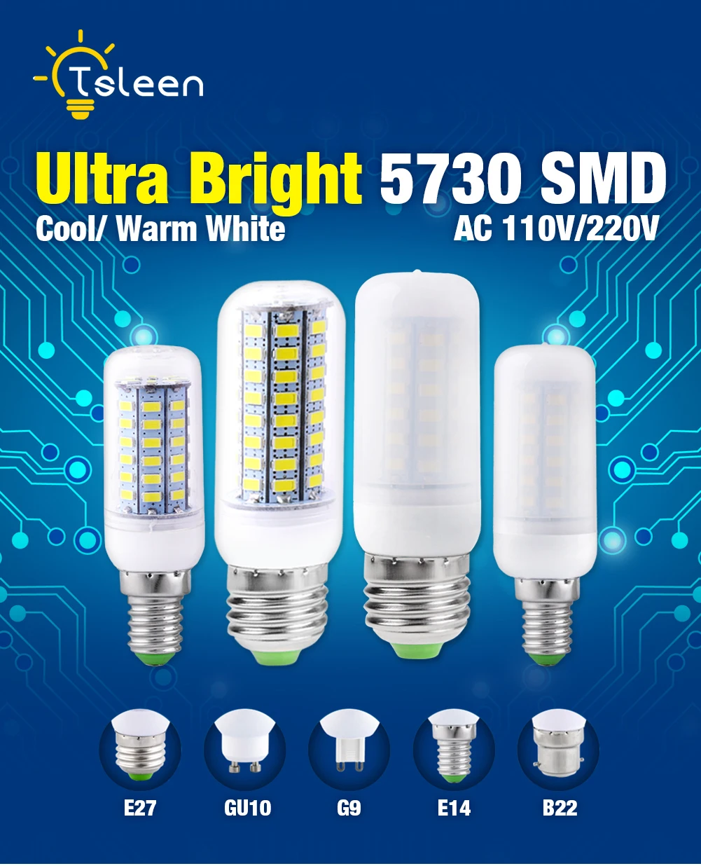 SMD 5730 LED лампа переменного тока в виде кукурузы 220V B22/E14/E27/G9/GU10 Socket 24/36/48/56/69/72 s