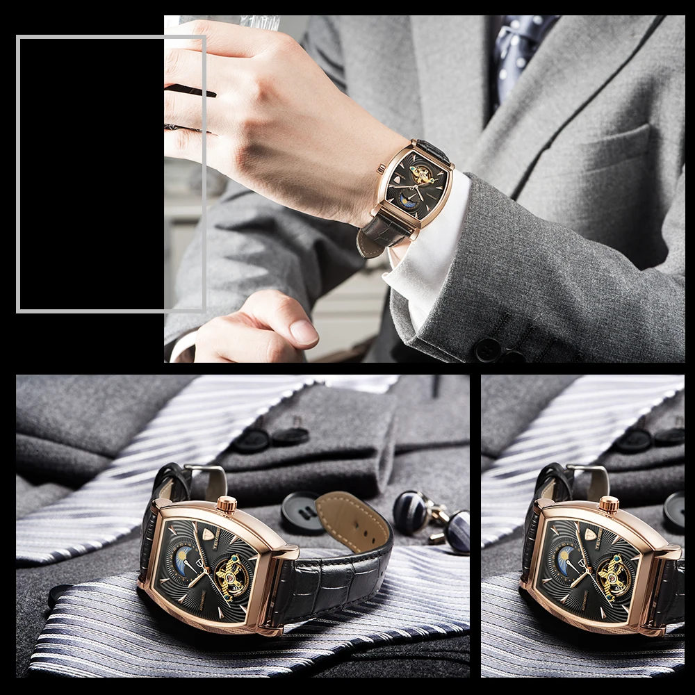TEVISE Mens Watches Tonneau Moon Phase Automatic Watch Waterproof Self-Wind Mechanical Wristwatches Leather Strap + Box 8383D (4)