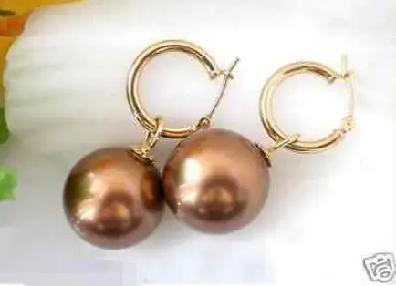 

Free Shipping >> New hot HUGE 16MM ROUND COFFEE SOUTH SEA SHELL PEARL EARRING