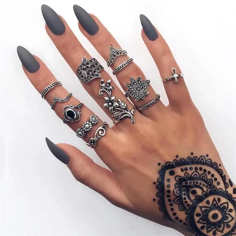 

12 Pcs/ Set Punk Fatima Palm Lotus Cross Crown Wave Gem Geometric Silver Ring Set Women Personality Party Banquet Jewelry Gift