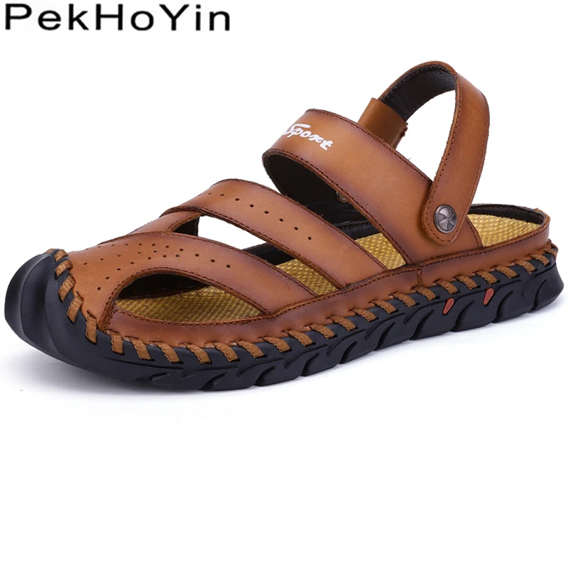 

High Quality Thick Sole Genuine Leather Closed Toe Men Sandals Shoes Summer Water Shoes Male Slippers Outdoor Men Beach Shoes