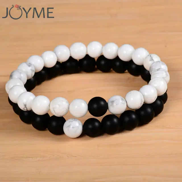2 pcs/ensemble Couples Distance Bracelet avec 100% Pierre Naturelle Blanc et Noir Yin