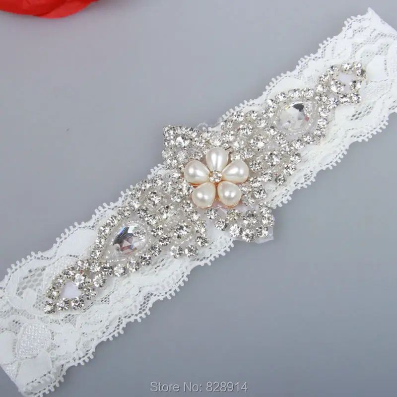 Factory Wholesale Sexy Stretched Lace Crystal Applique Wedding Garter Belt Set Bridal Leg Garter Belt With Bow Handmade