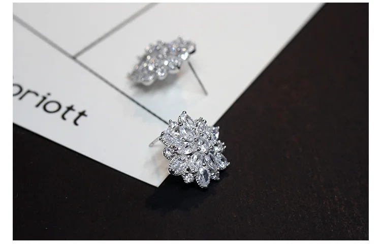 925 Sterling Silver Aaa Cubic Zirconia Flowers Stud Earrings For Women Luxury Bride Lady Fashion Jewelry
