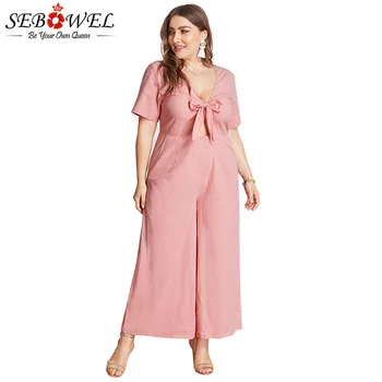 

SEBOWEL Plus Size Sexy Bowknot Deep V Neck Rompers Jumpsuit Woman Short Sleeve Summer Female Pink /Army Green Overalls Outfits