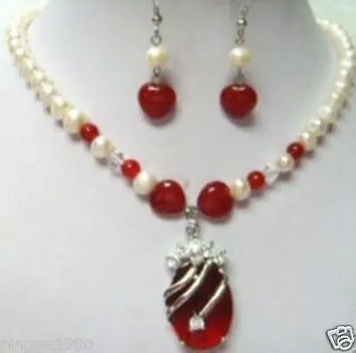 

FREE SHIPPINGBeautiful Red Jade White Pearl Necklace Earrings Set