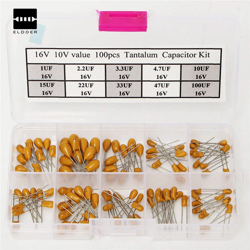 100 шт. конденсаторы высокой точности 16 в 10 Значение Танталовый конденсатор Ассорти комплект коробка assirstment прочный 3X6,5X2 см конденсаторы