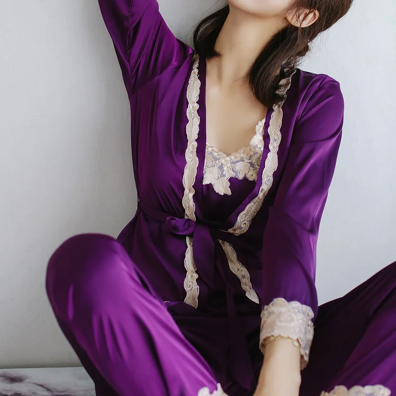 Комплект из 3 предметов, атласная одежда для сна, Женская Сексуальная кружевная Шелковая пижама, комплект с дырочками, пальто, жилет, длинные брюки, платье, комплект H650 - Цвет: Purple