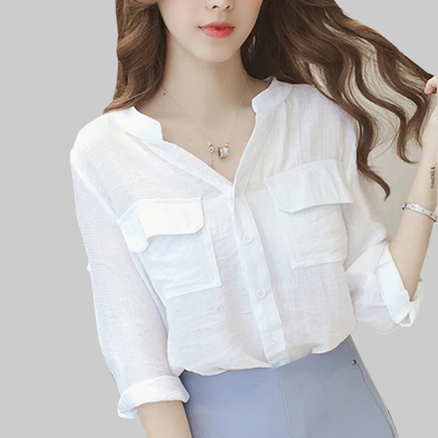 Shintimes-blusa blanca con bolsillos para mujer, blusas y camisas mujer, Tops de con cuello en Chemisier coreano para mujer 2019 _ - AliExpress Mobile