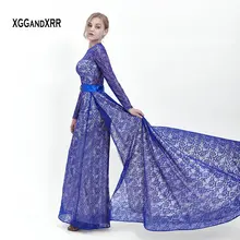 

Sexy Blue Illusion Back Long Sleeves Lace Prom Dress 2019 Elegant Formal Lace Evening Party Gown Detachable Train Plus Size