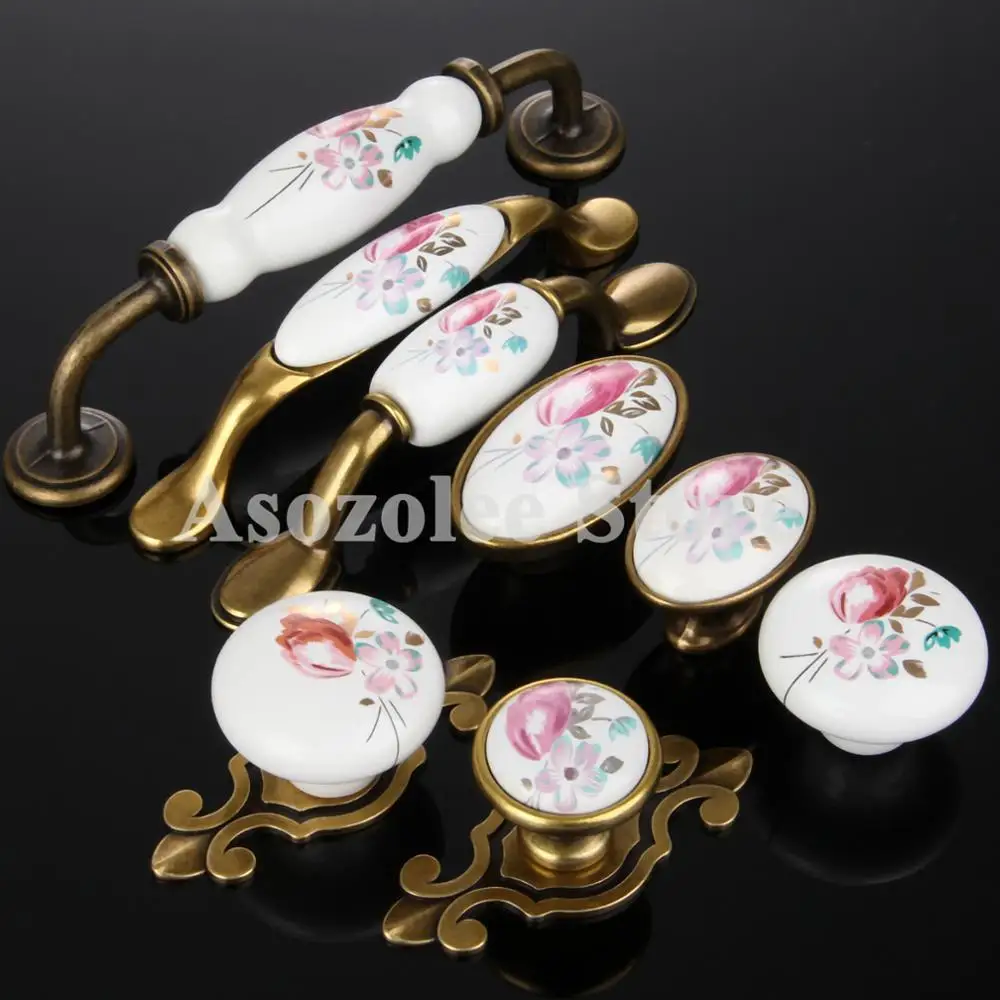 

Rural Flower Vintage Bronze Ceramic Door Handles Wardrobe Cabinet Pulls Closet Cupboard Knobs Furniture Hardware