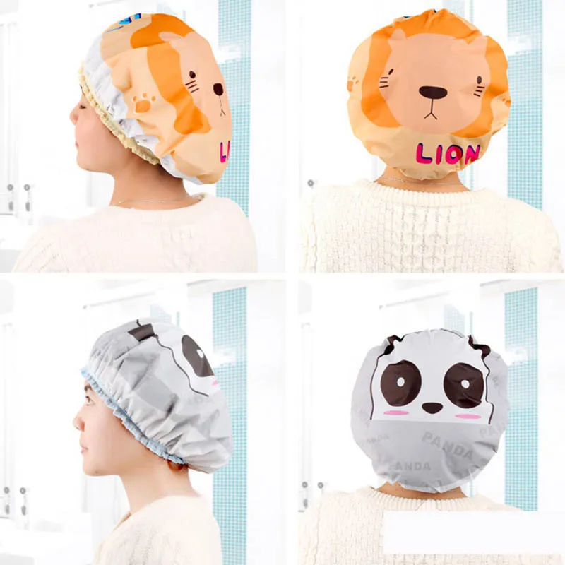 Cute Cartoon Shower Cap Hat For Baths & Saunas Lace Elastic Band SPA Cap Bathroom Accessories Women Girls Hair Protective Cap