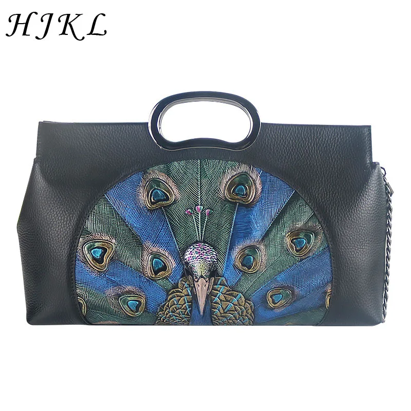 

HJKL Genuine Cow Leather Handbags Peacock Feather Print Large Capacity Bag Single Shoulder Messenger Chain Bag for Women 2018