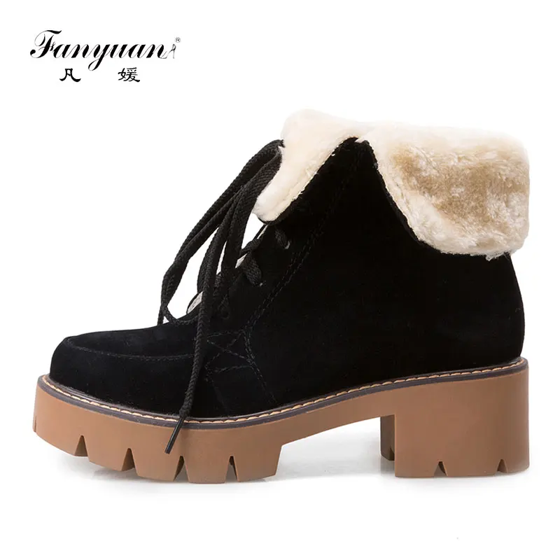 

Fanyuan Vintage Martens Ankle Boots Casual Heeled Platform Lace Up Boots Warm Plush Winter Shoes Motorcycle botas mujer Black