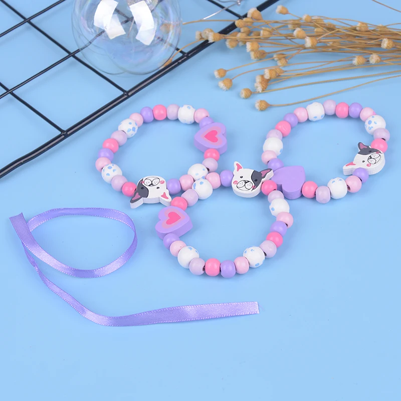 3Pcs Cartoon Dog Animal Wood Beads Girls Jewelry Set Kids Children Bracelet