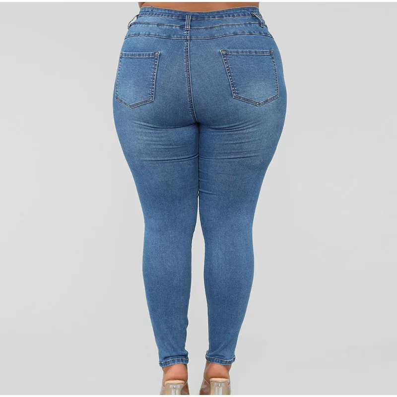 Большие размеры на пуговицах светло-голубые рваные обтягивающие длинные джинсы 4XL весна осень Высокая талия женские Стрейчевые джинсовые брюки