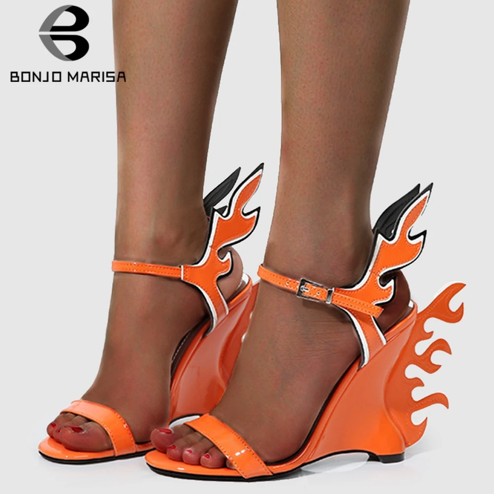 

BONJOMARISA New INS Hot Fire High Heels Wedges Sandals Women 2019 Summer Large Size 35-42 Fashion Women Party Date Shoes Woman