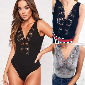 

Sleeveless Sexy Lady Lace Floral Bodysuit Deep V Neck High Waist Female Bandage Playsuit Women Tempting Clothes