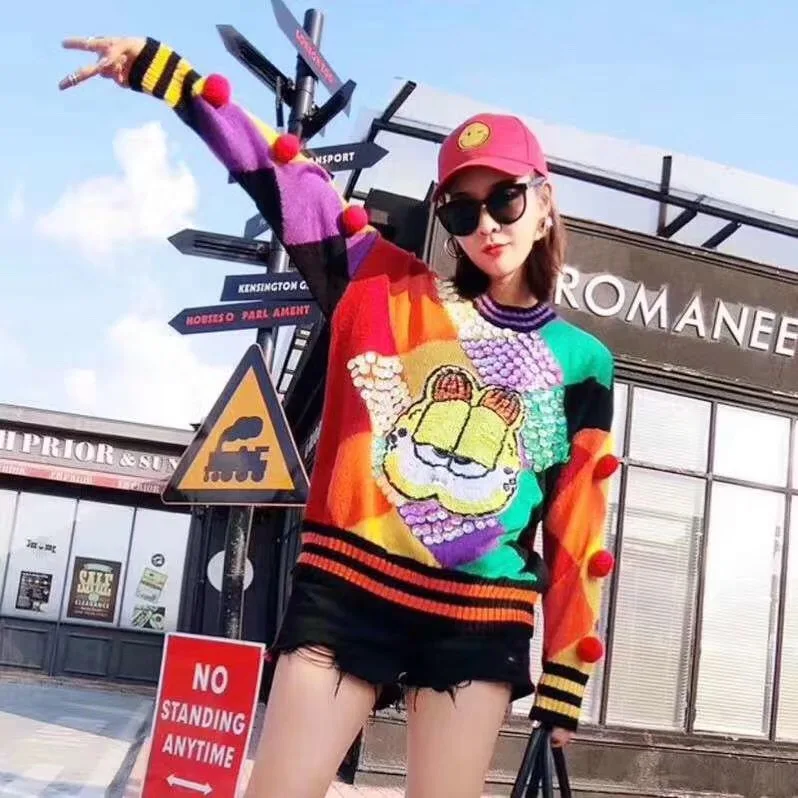 2018 Autumn New Fashion Women Short Sweaters Full Sleeve O-Neck Sequined Colored plaid stripes Pullovers Computer Knitted tops