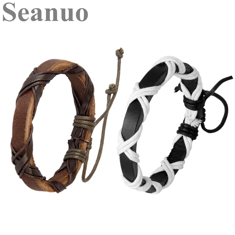 

Seanuo 2019 Unisex Rope Lace-up Adjustable Charm Bangles & Bracelets For Men Women Fashion Punk Open Real Leather Cuff Bracelets
