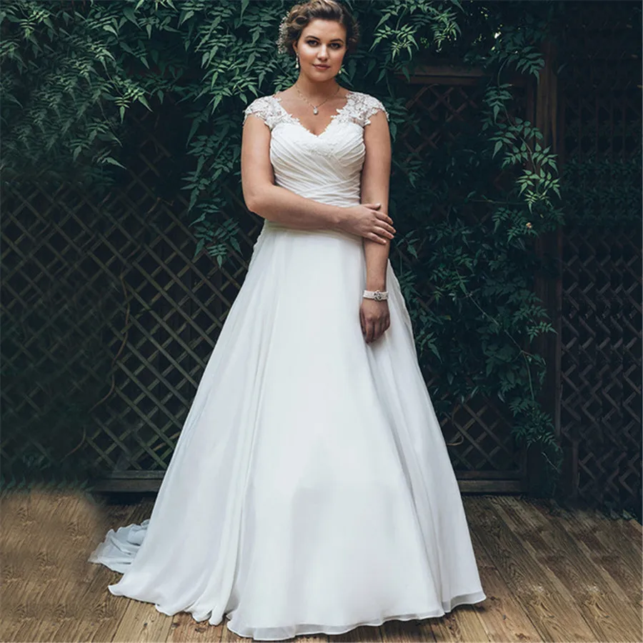 

Plus Size A Line Wedding Dress 2019 Elegant V Neck Cap Sleeves Lace Bridal Dresses Pleats Chiffon Wedding Gowns vestido de noiva