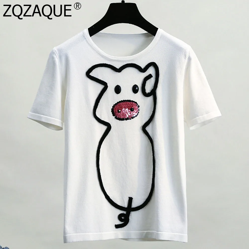 

New Summer Fall Thin T-shirts Cute Cartoon Pig Sequins Decor Tee Women's Bottom Knit Tops White Black Knitted T Shirts Nice Tops