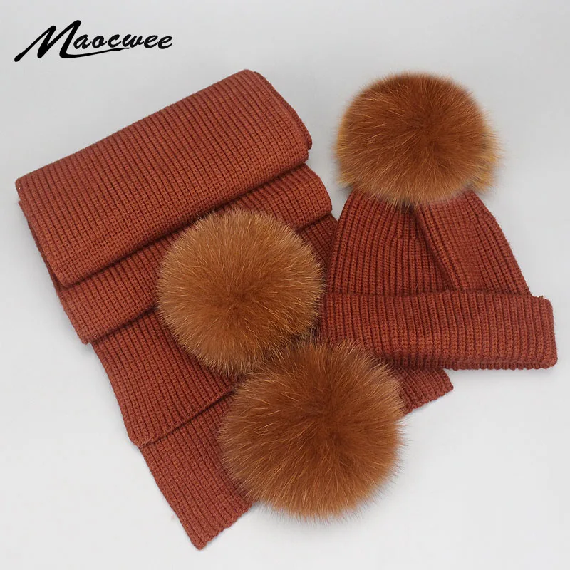 Winter Beanies Fox Pompom Fur Wool Knitted Hat The Female Of The Mink Caps Beanie Hats For Women Girl 'S Hats Scarves Cap Scarf