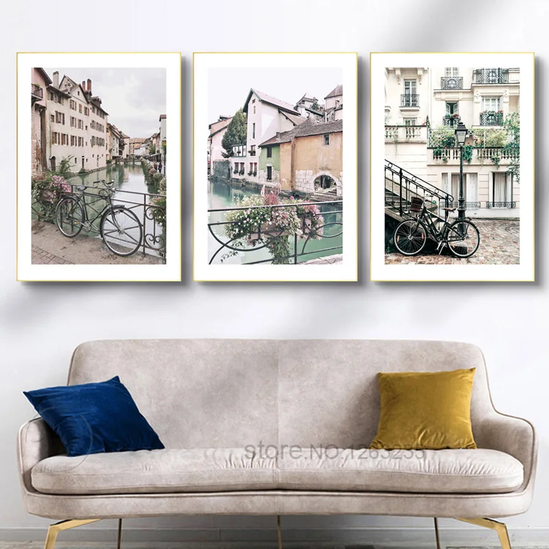 

British Architecture Nordic Poster River Wall Art Canvas Painting Bicycle Prints Town Wall Pictures For Living Room Unframed