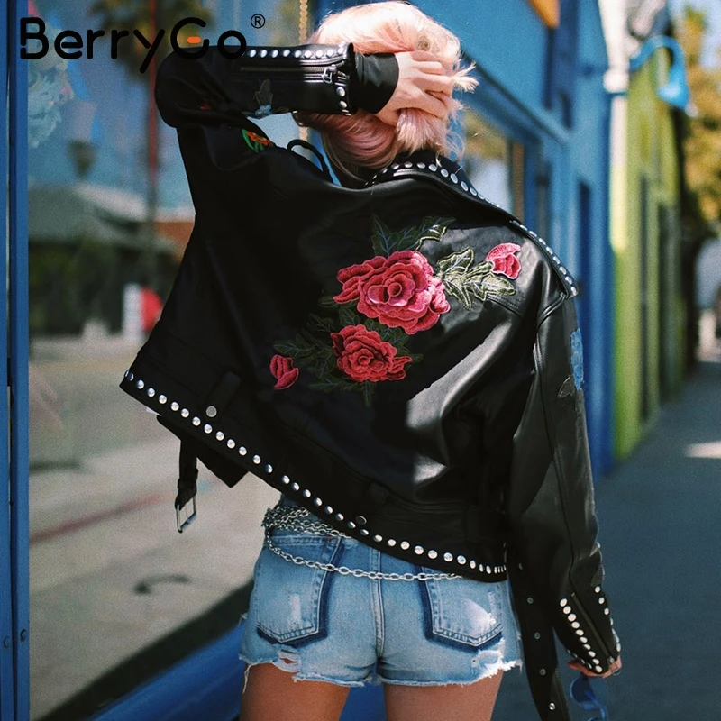 BerryGo Floral PU leather appliques rivet women basic jackets Streetwear black zipper outerwear femme Autumn faux leather coats