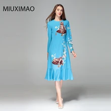 

2018 High Quality Spring&Fall Newest Cute Style Dress Long Sleeve V-neck Elegant Trumpet Fishtail Cat Print Long Dress Women