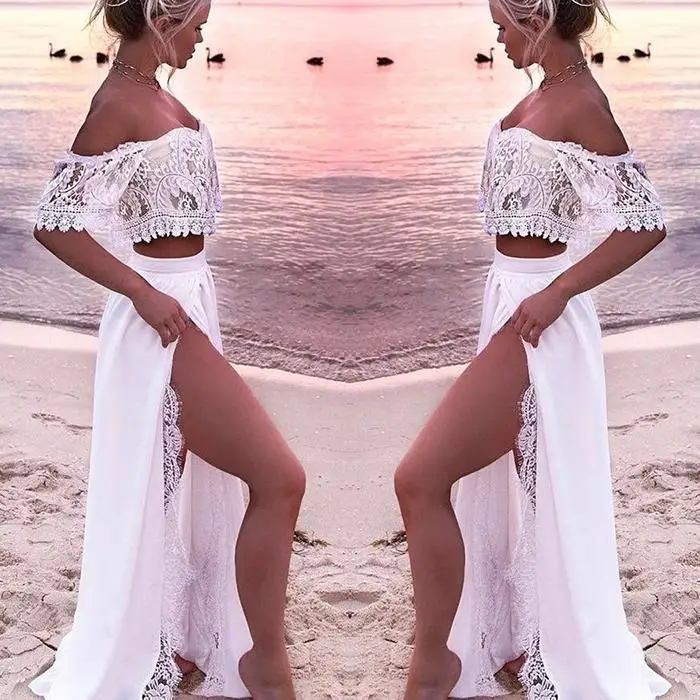 Женская Повседневная Кружевная летняя юбка с коротким рукавом и коротким рукавом в пол с цветочным принтом, белая повседневная юбка из двух предметов, пляжная юбка