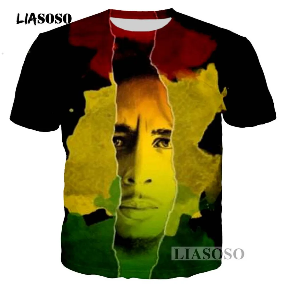 LIASOSO летние топы футболки для певиц рэп хип-хоп регги оригинальный Боб Марли 3d