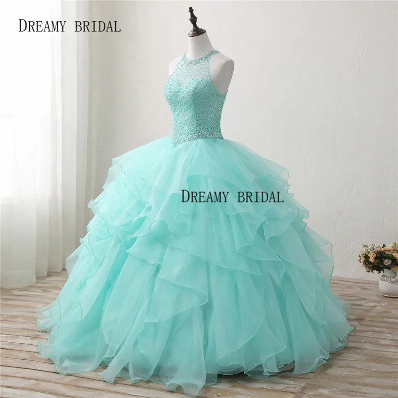 Bridal Quinceanera Ball Gown Dresses Beading Halter Vestidos de 15 Anos Lace Up Ruffles Debutante Longo Organza