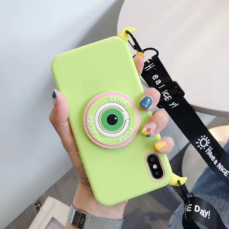 

Ainike Cute Big Eye Green Soft Silicone Phone Back Case Stand Holder For iPhone 6 6s Plus 7 7Plus 8 8plus X XR XS Max With Strap