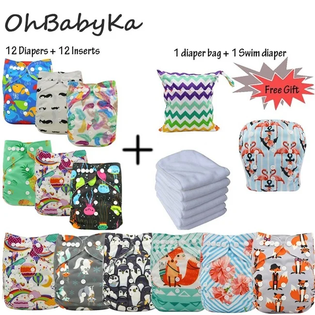 05 Ohbabyka карманные подгузники тканевые для младенцев 12 шт. многоразовые подгузники+ 12 шт. вставки из микрофибры+ 1 подгузник для плавания+ 1 бесплатный подгузник сумка - Цвет: 05