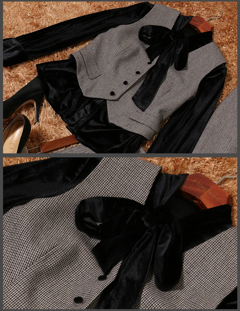 Classic Houndstooth Tweed Wool Women 4 Pieces Sets Winter Full Sleeves Blazer Office Suits For Women SO3367