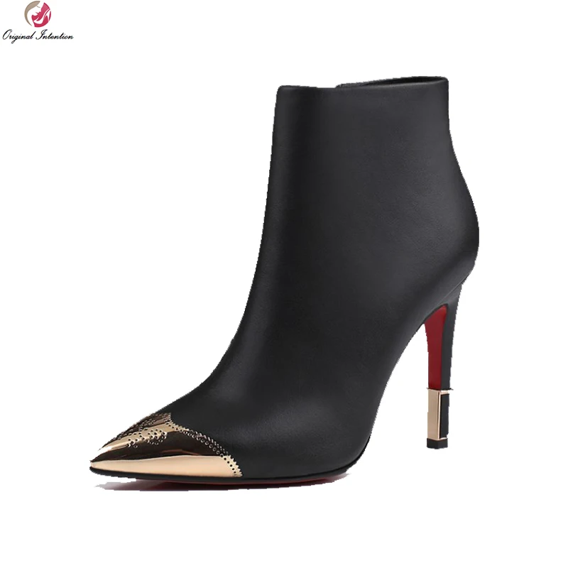 Original Intention High-quality Women Ankle Boots Cow Leather Pointed Toe Thin Heels Boots Black Nude Shoes Woman US Size 3-9.5 цена Original Intention High-quality Women Ankle Boots Cow Leather Pointed Toe Thin Heels Boots Black Nude Shoes Woman US Size 3-9.5 цены онлайн